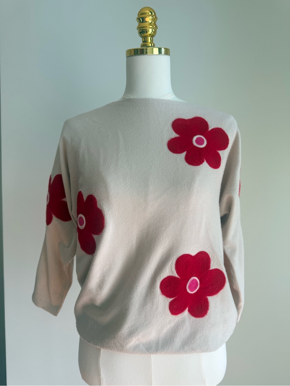 Cream Floral Appliqué Sweater with Red Flowers